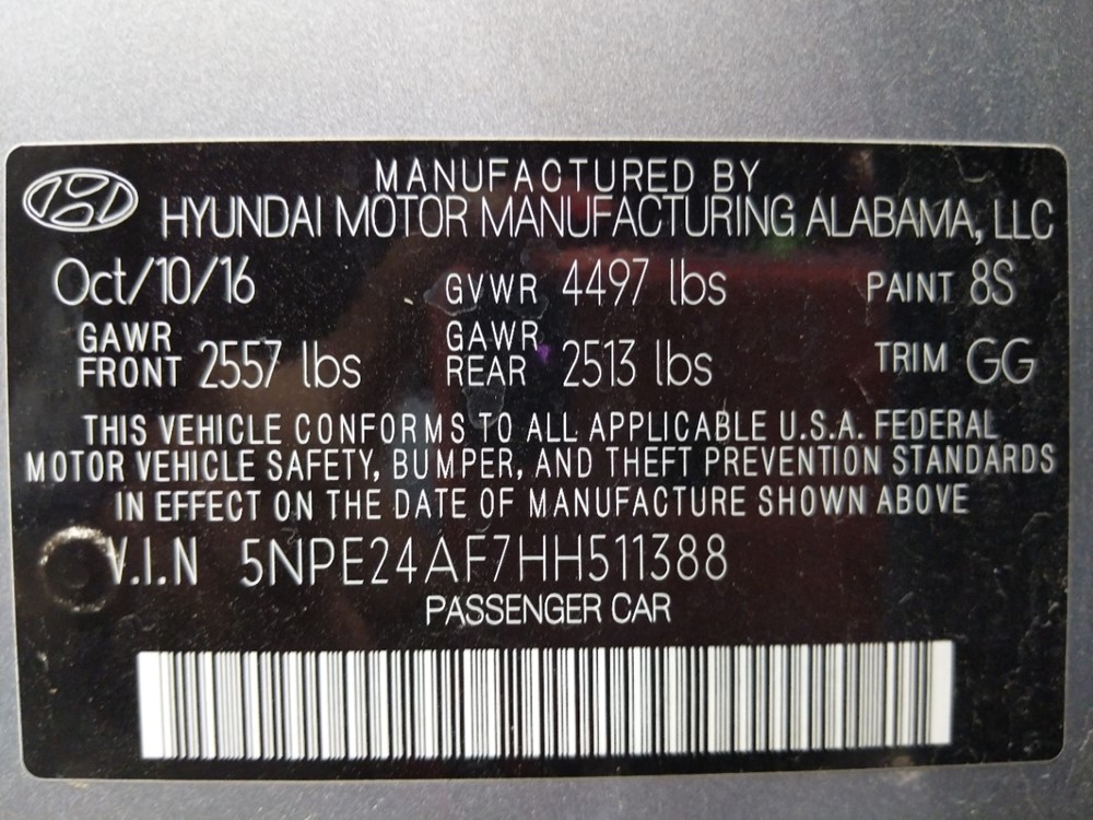 2017 Hyundai Sonata - VIN Plate
