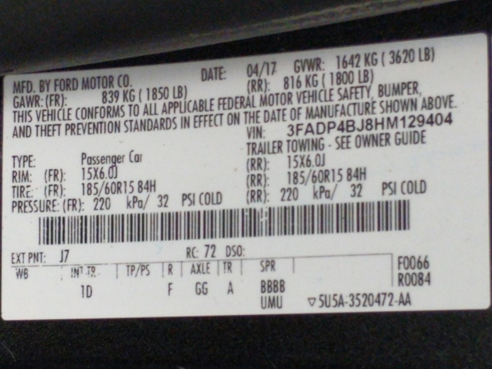 2017 Ford Fiesta - VIN Plate