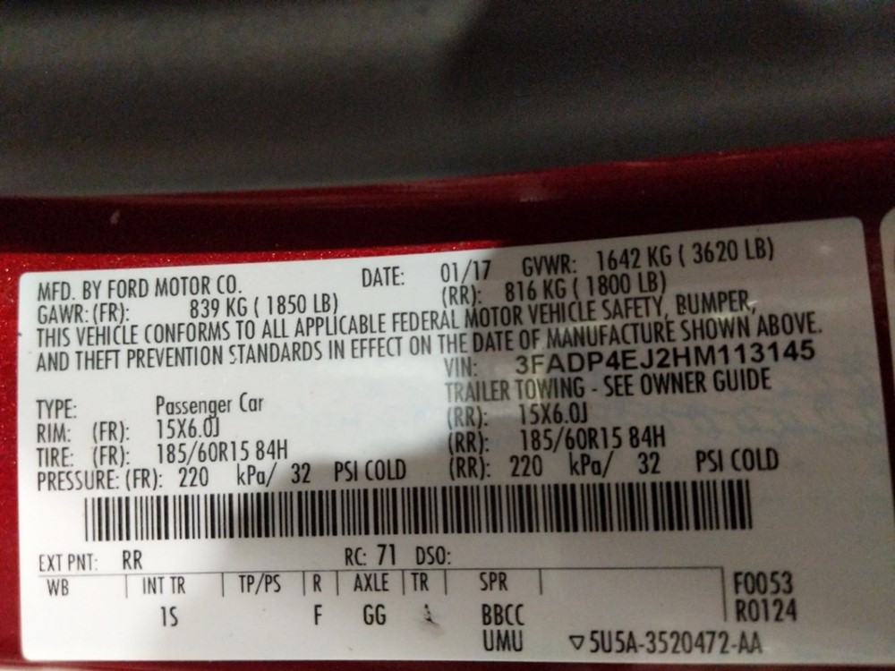 2017 Ford Fiesta - VIN Plate