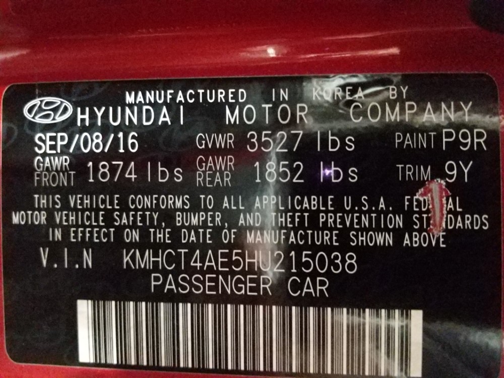 2017 Hyundai Accent - VIN Plate