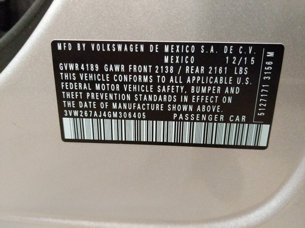 2016 Volkswagen Jetta - VIN Plate