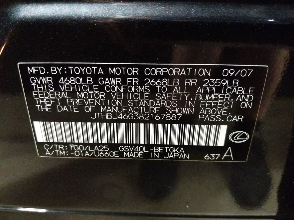 2008 Lexus ES 350 - VIN Plate