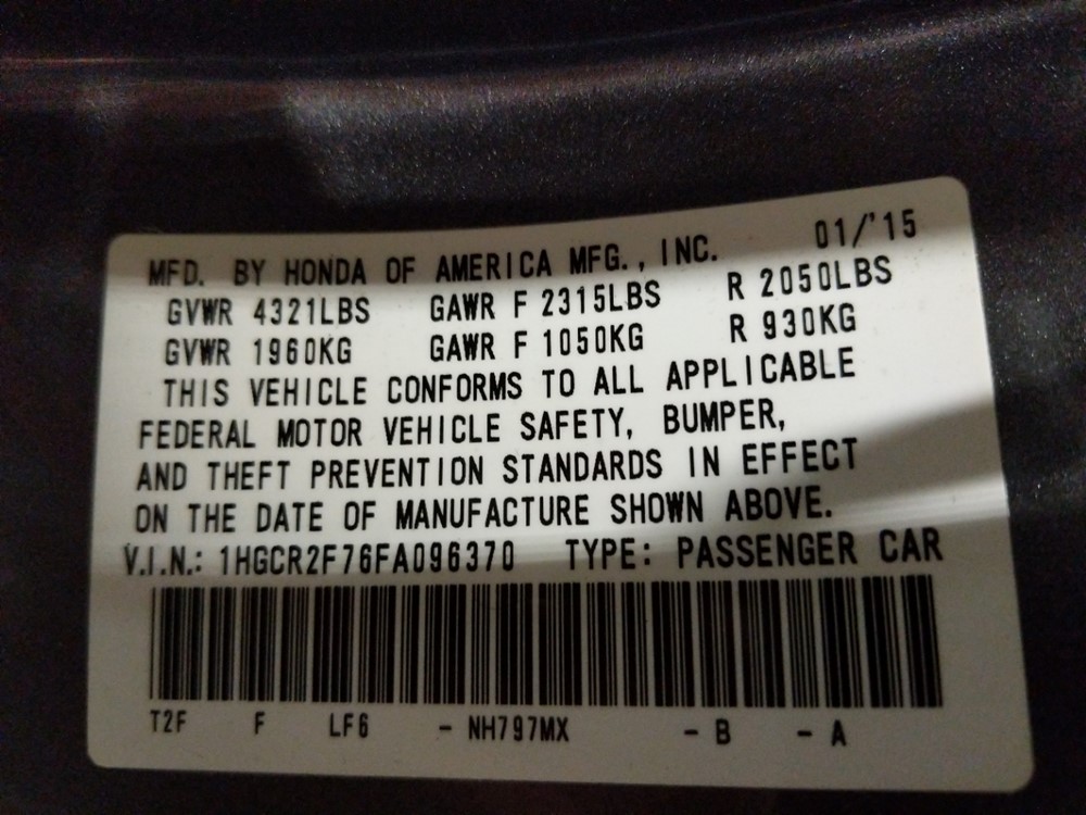 2015 Honda Accord - VIN Plate