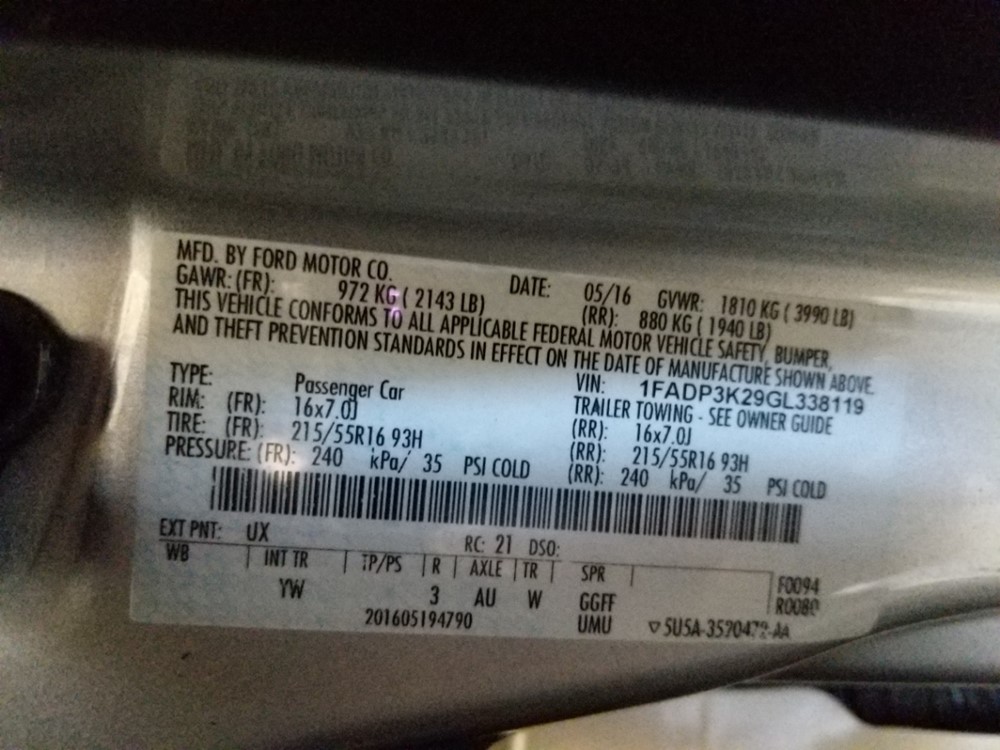 2016 Ford Focus - VIN Plate