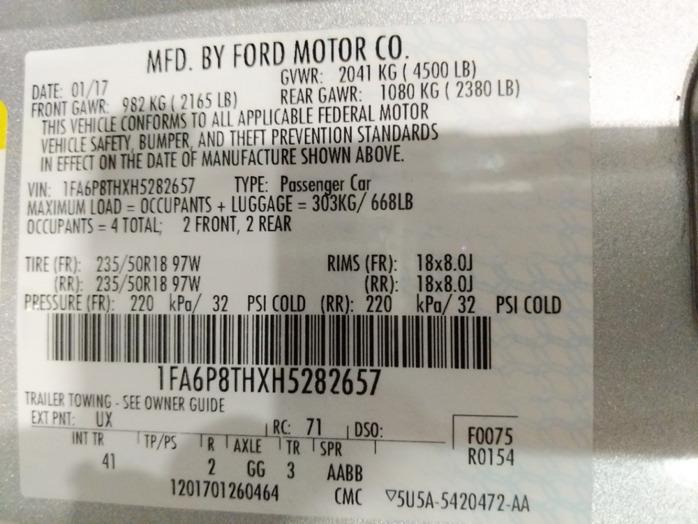 2017 Ford Mustang - VIN Plate