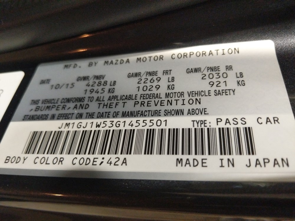 2016 Mazda Mazda6 - VIN Plate
