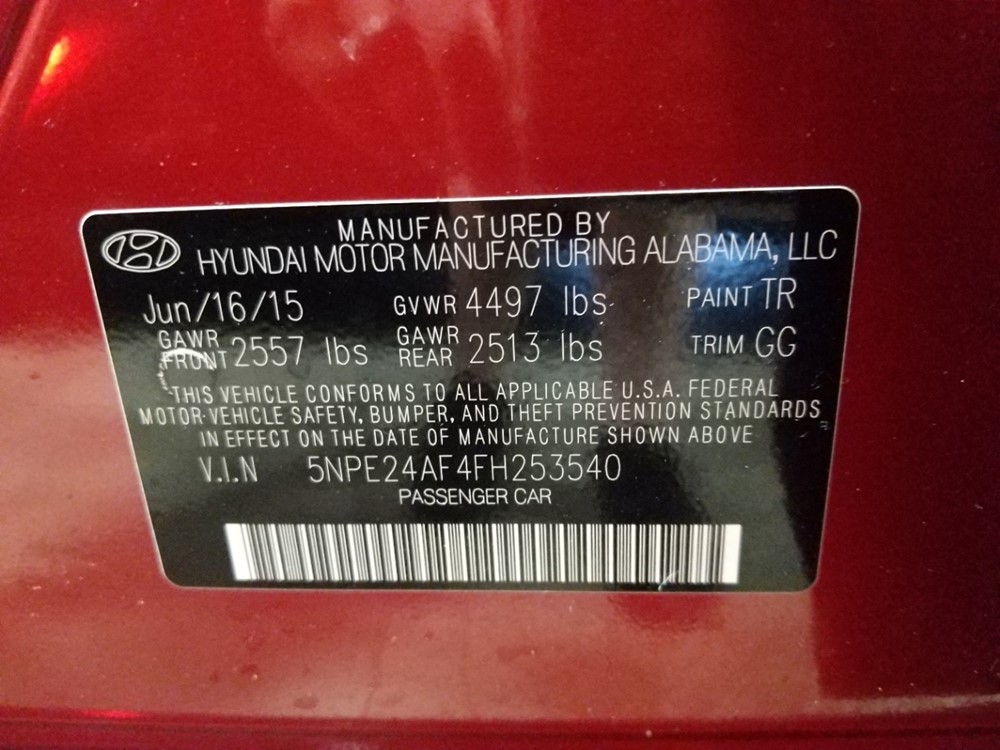 2015 Hyundai Sonata - VIN Plate