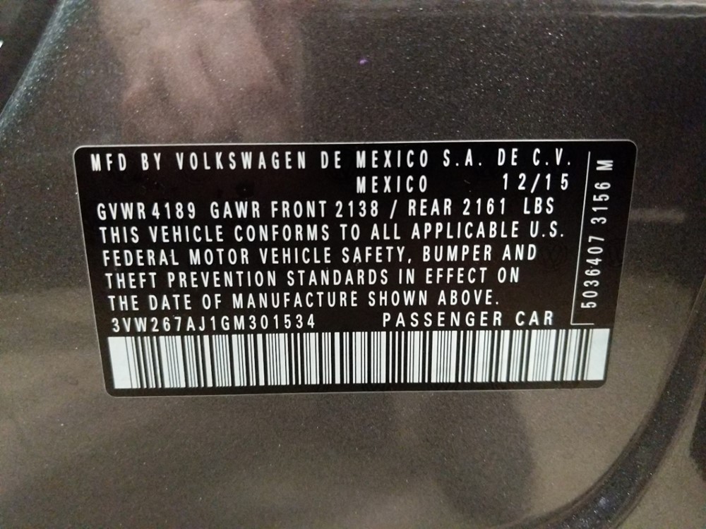 2016 Volkswagen Jetta - VIN Plate