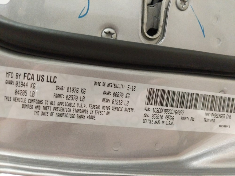 2016 Dodge Dart - VIN Plate