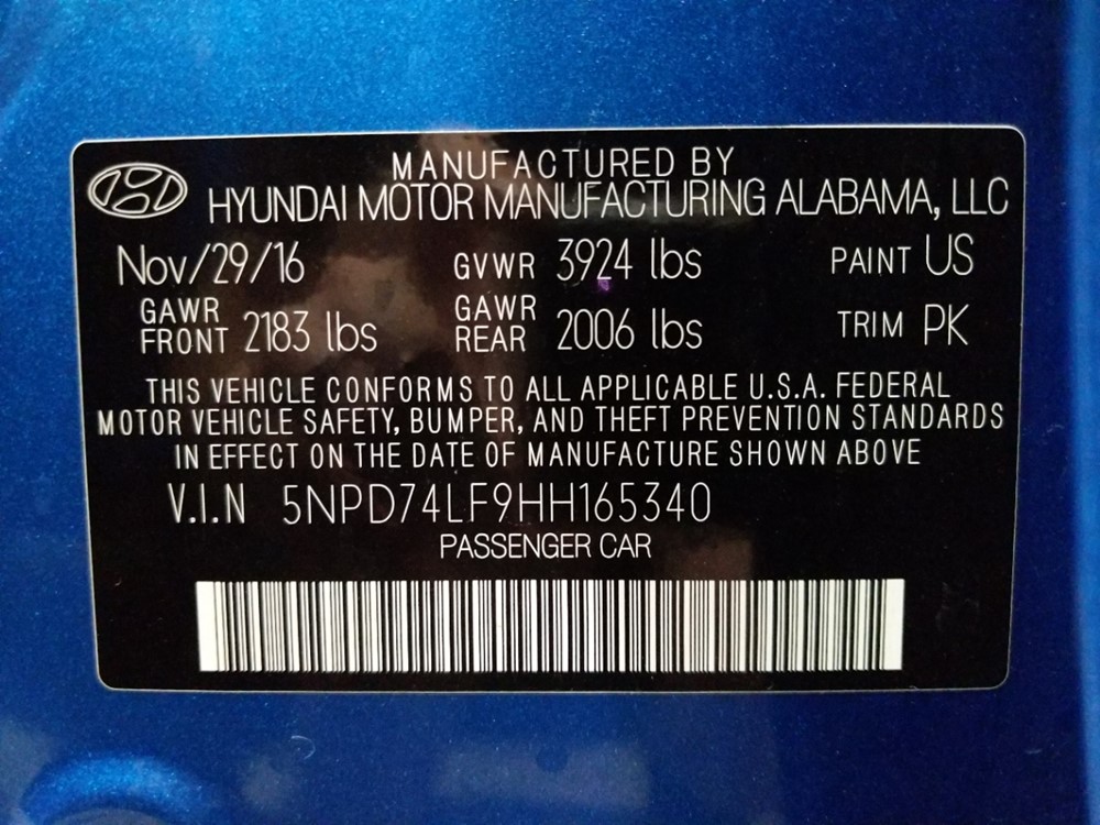 2017 Hyundai Elantra - VIN Plate