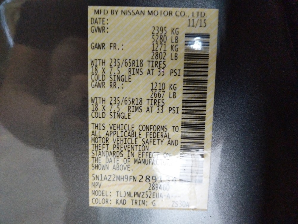 2015 Nissan Murano - VIN Plate