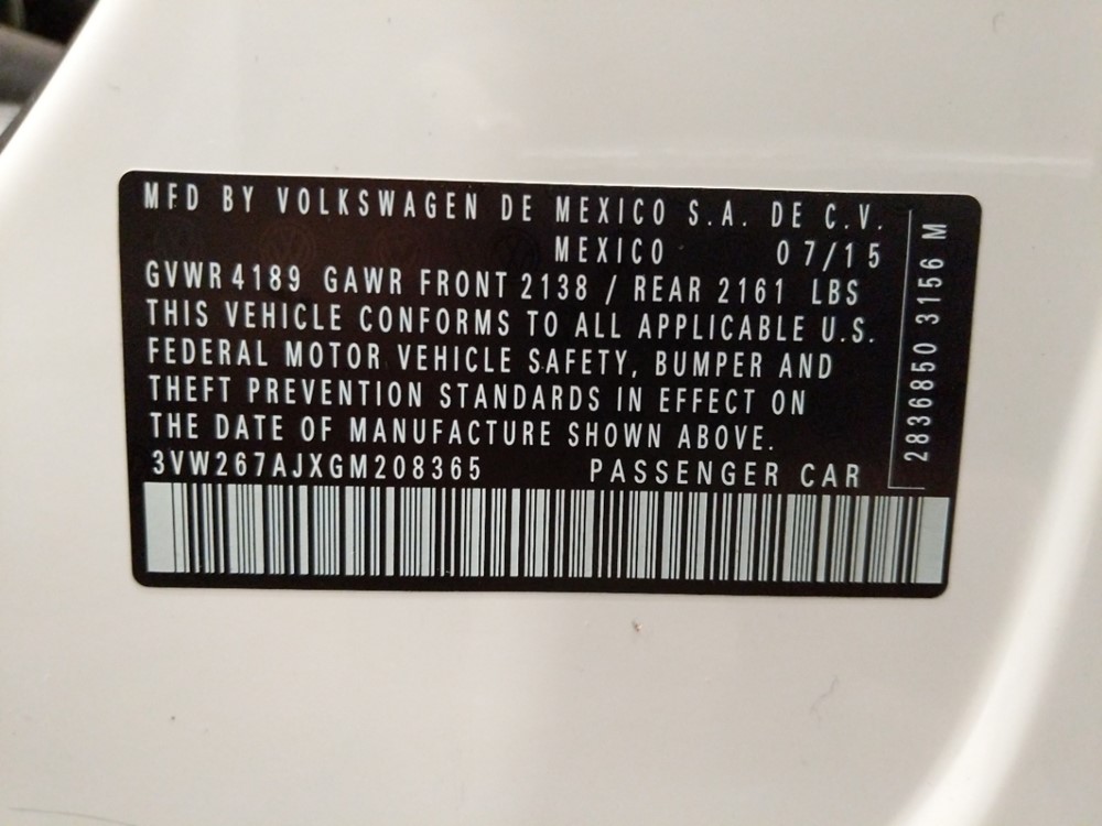 2016 Volkswagen Jetta - VIN Plate