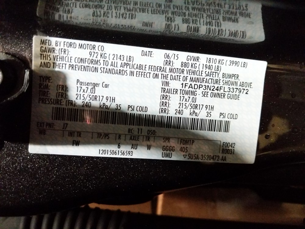 2015 Ford Focus - VIN Plate