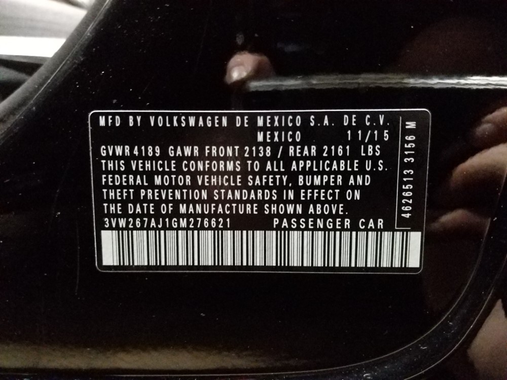 2016 Volkswagen Jetta - VIN Plate