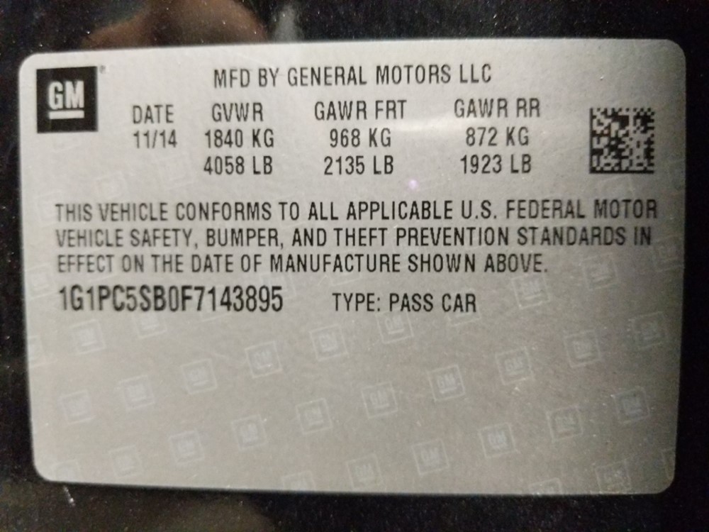 2015 Chevrolet Cruze - VIN Plate