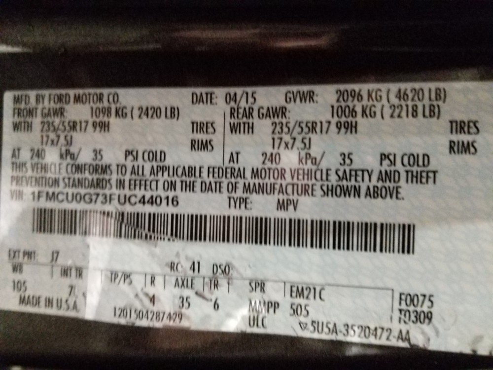 2015 Ford Escape - VIN Plate