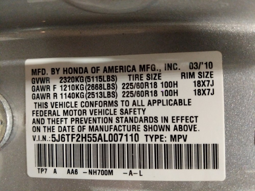 2010 Honda Accord - VIN Plate