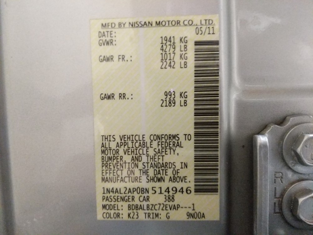 2011 Nissan Altima - VIN Plate