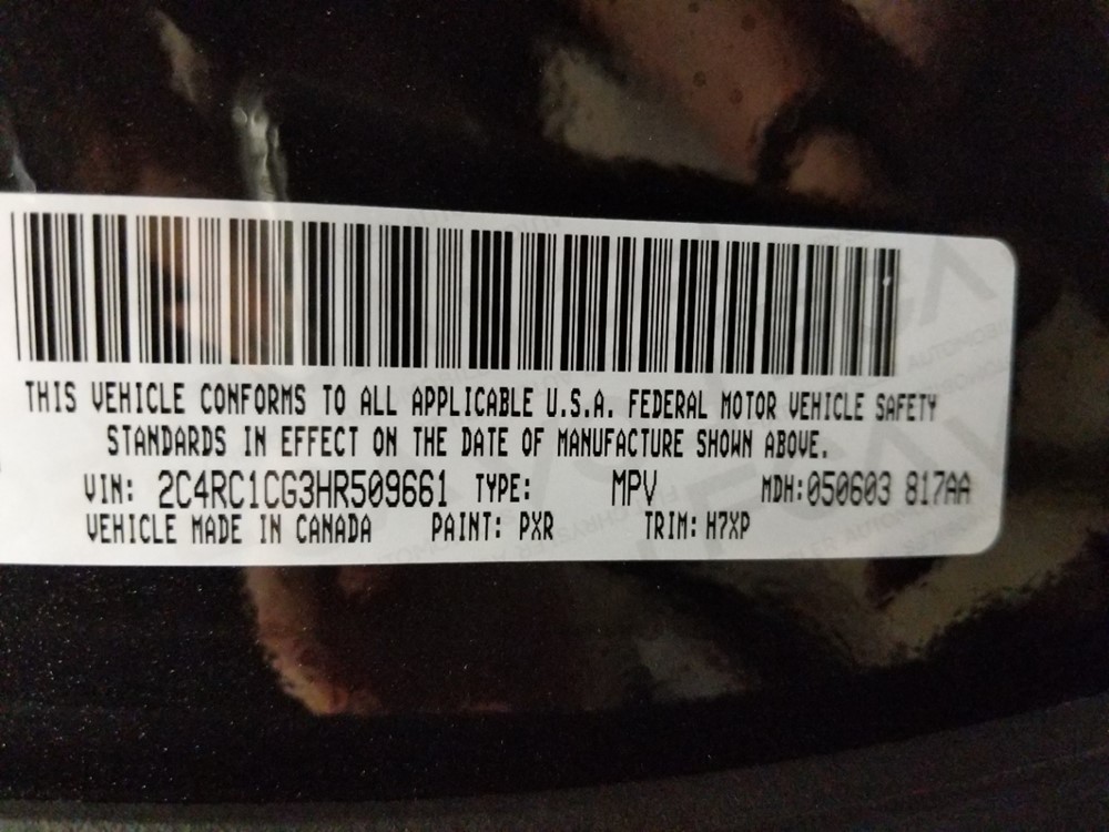 2017 Chrysler Pacifica - VIN Plate