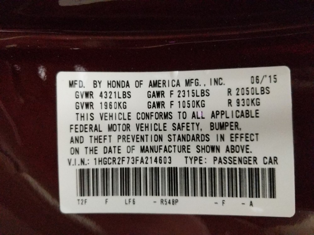 2015 Honda Accord - VIN Plate