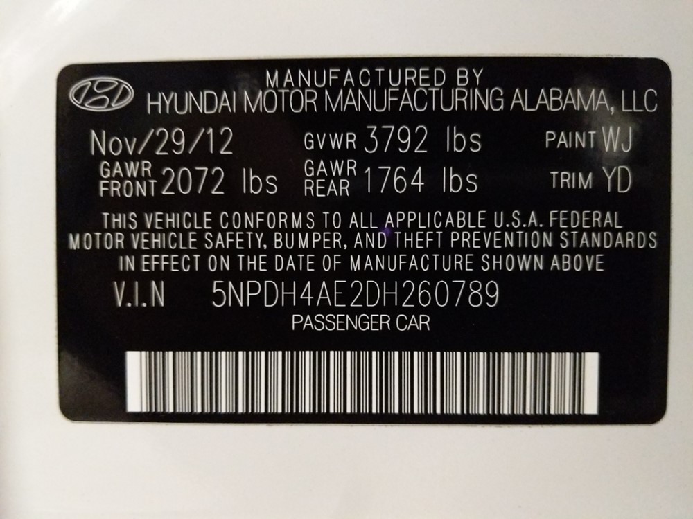 2013 Hyundai Elantra - VIN Plate