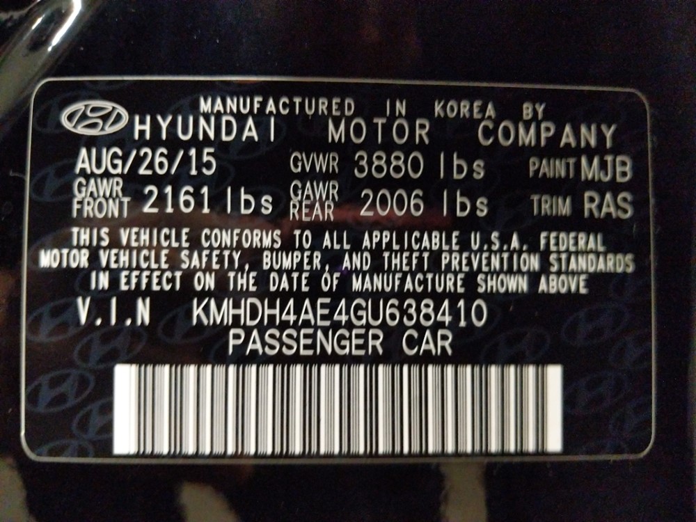 2016 Hyundai Elantra - VIN Plate