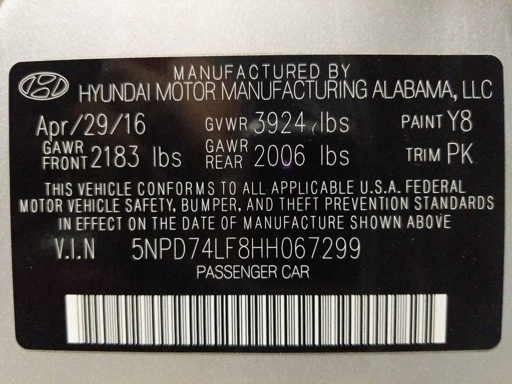 2017 Hyundai Elantra - VIN Plate
