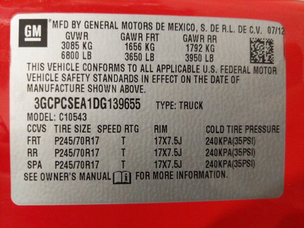 2013 Chevrolet Silverado 1500 - VIN Plate