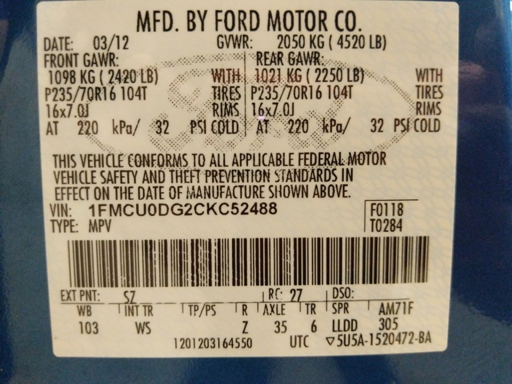 2012 Ford Escape - VIN Plate