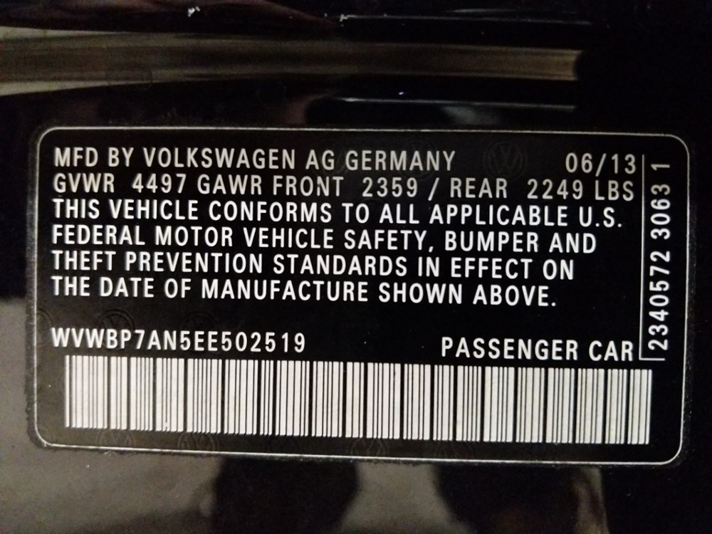 2014 Volkswagen CC - VIN Plate