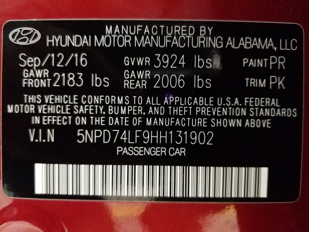 2017 Hyundai Elantra - VIN Plate