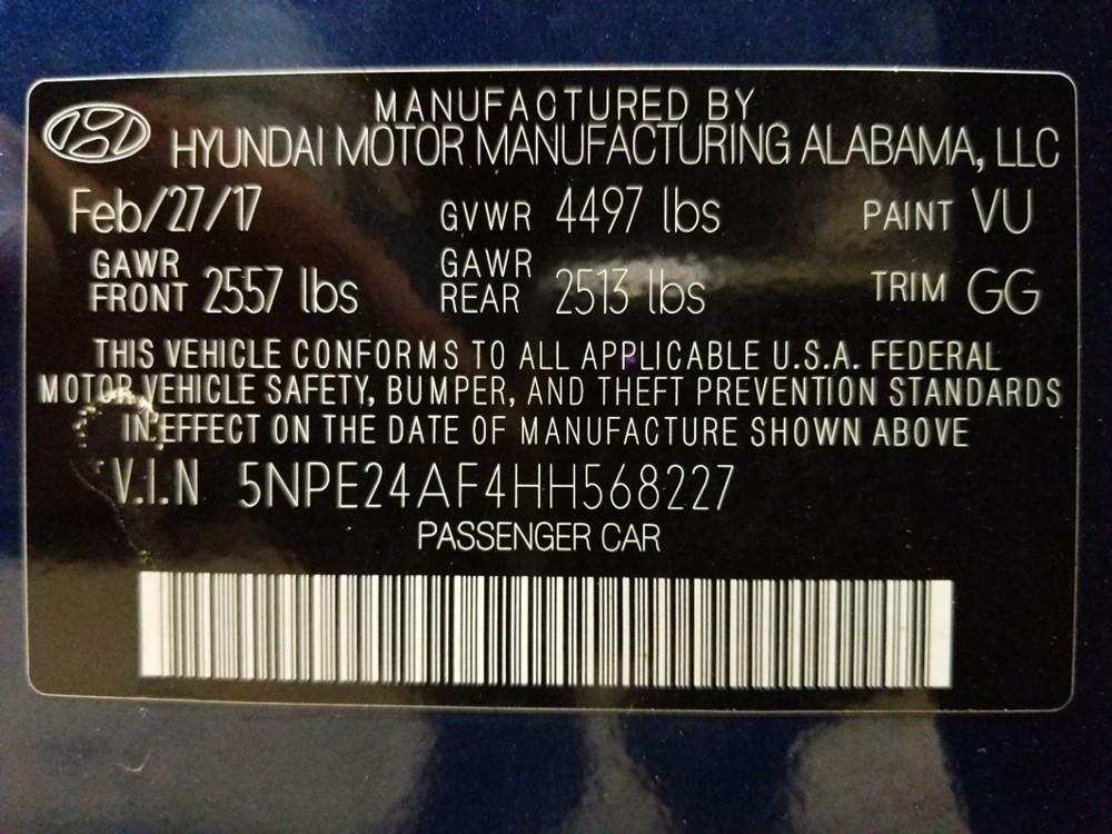 2017 Hyundai Sonata - VIN Plate