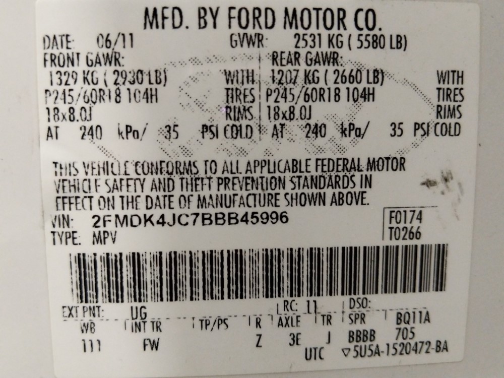 2011 Ford Edge - VIN Plate