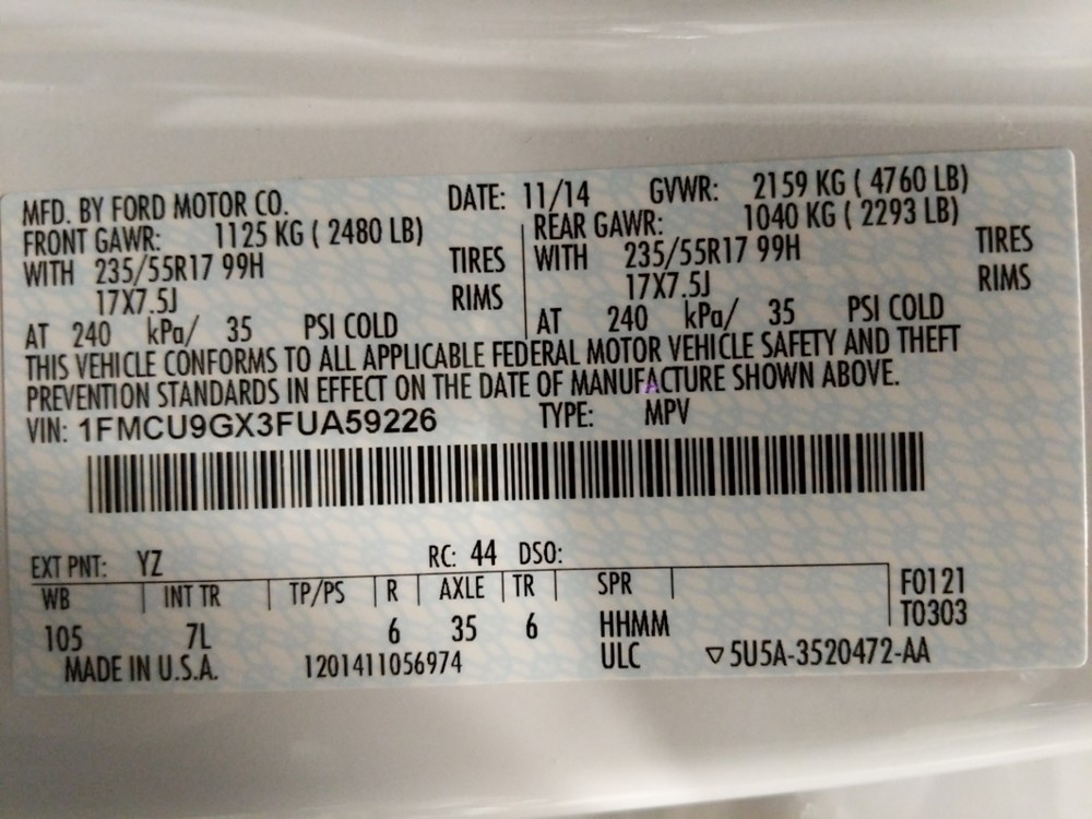 2015 Ford Escape - VIN Plate