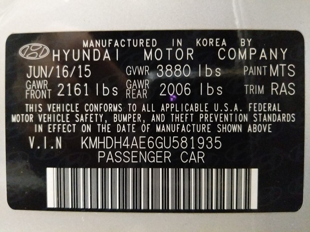 2016 Hyundai Elantra - VIN Plate