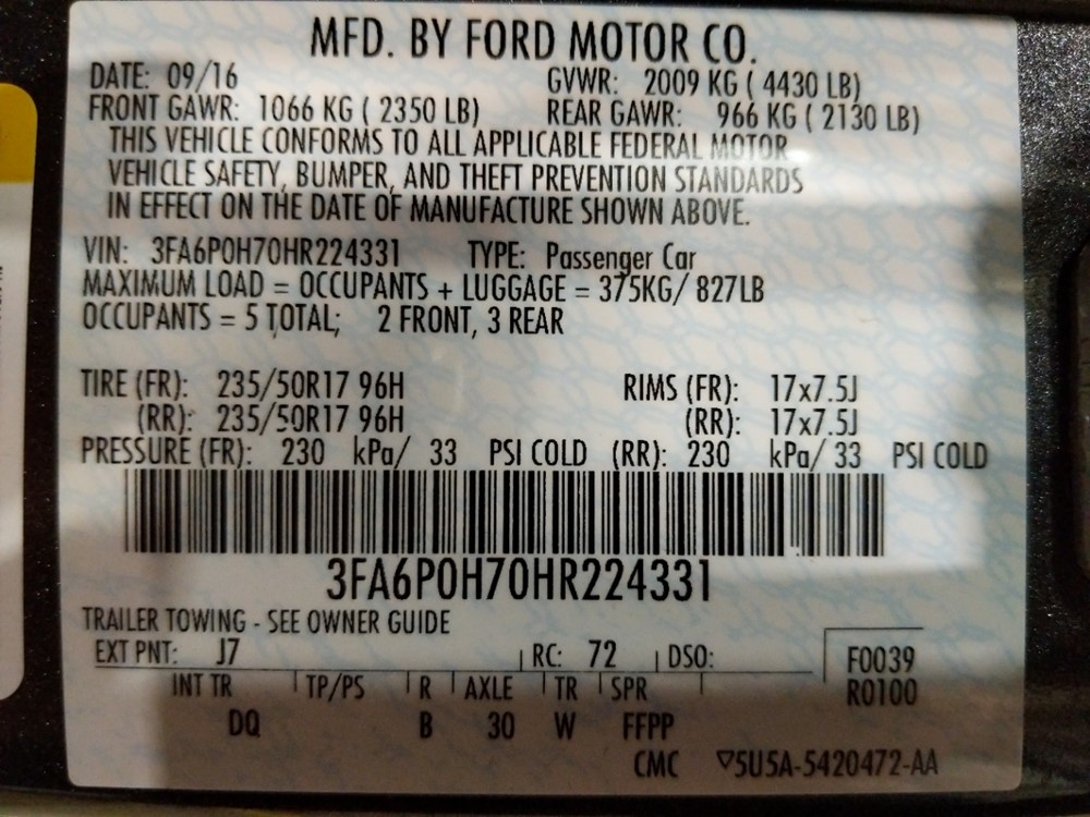 2017 Ford Fusion - VIN Plate