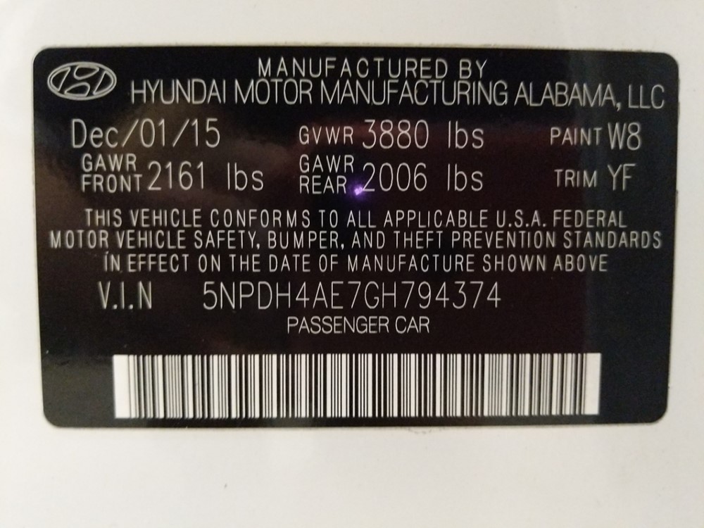 2016 Hyundai Elantra - VIN Plate
