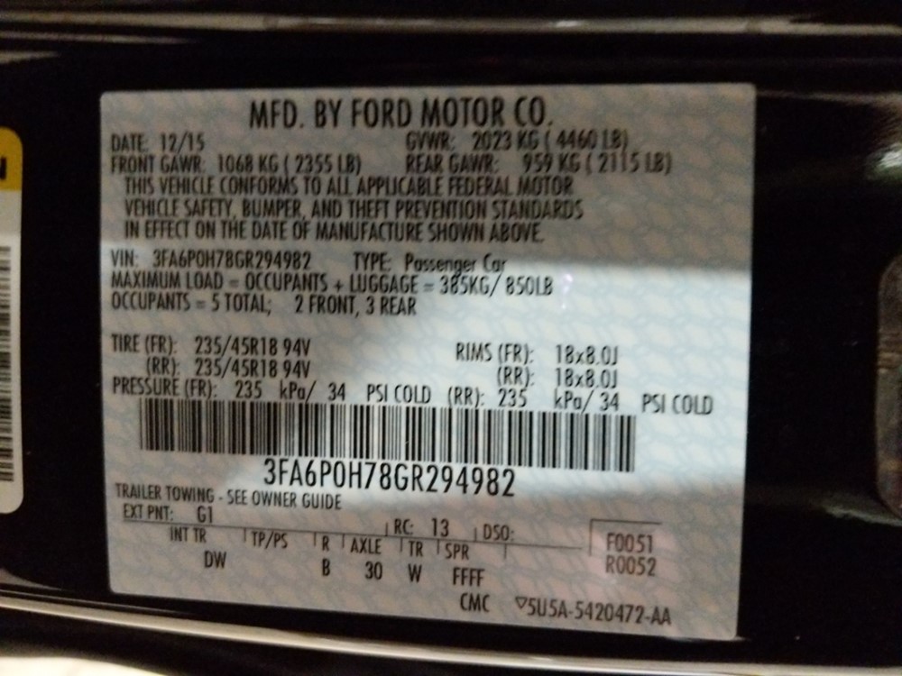 2016 Ford Fusion - VIN Plate
