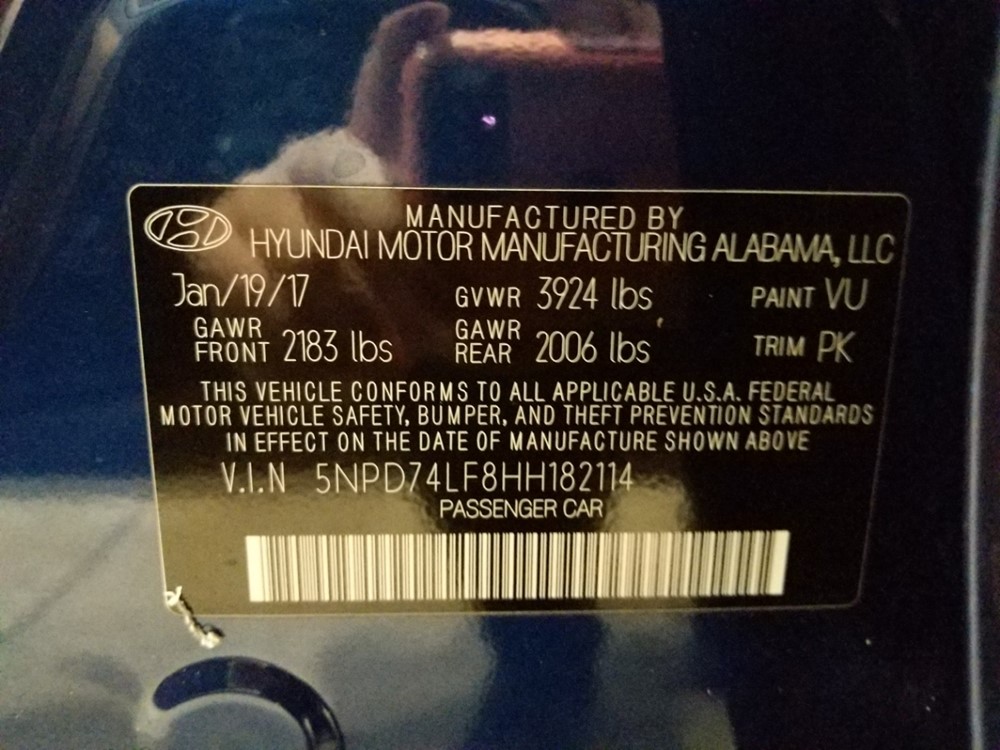 2017 Hyundai Elantra - VIN Plate