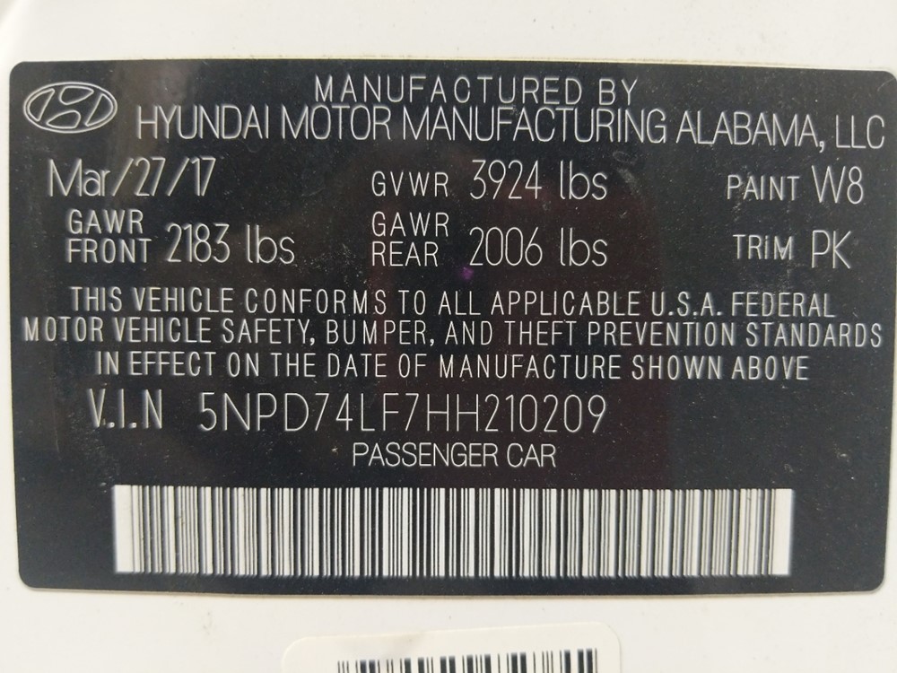 2017 Hyundai Elantra - VIN Plate
