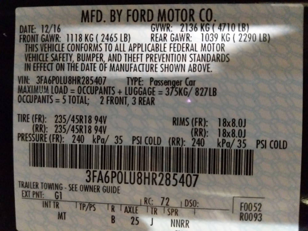 2017 Ford Fusion - VIN Plate