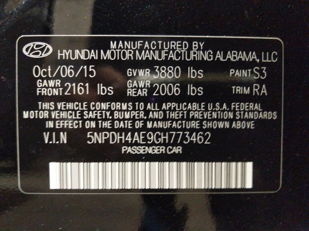 2016 Hyundai Elantra - VIN Plate
