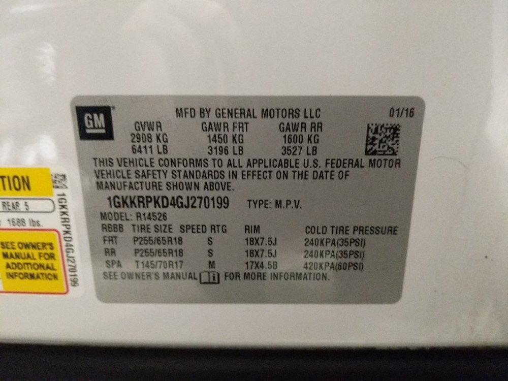 2016 GMC Acadia - VIN Plate