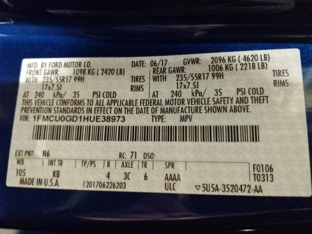 2017 Ford Escape - VIN Plate