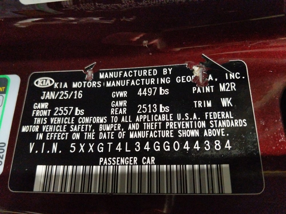 2016 Kia Optima - VIN Plate
