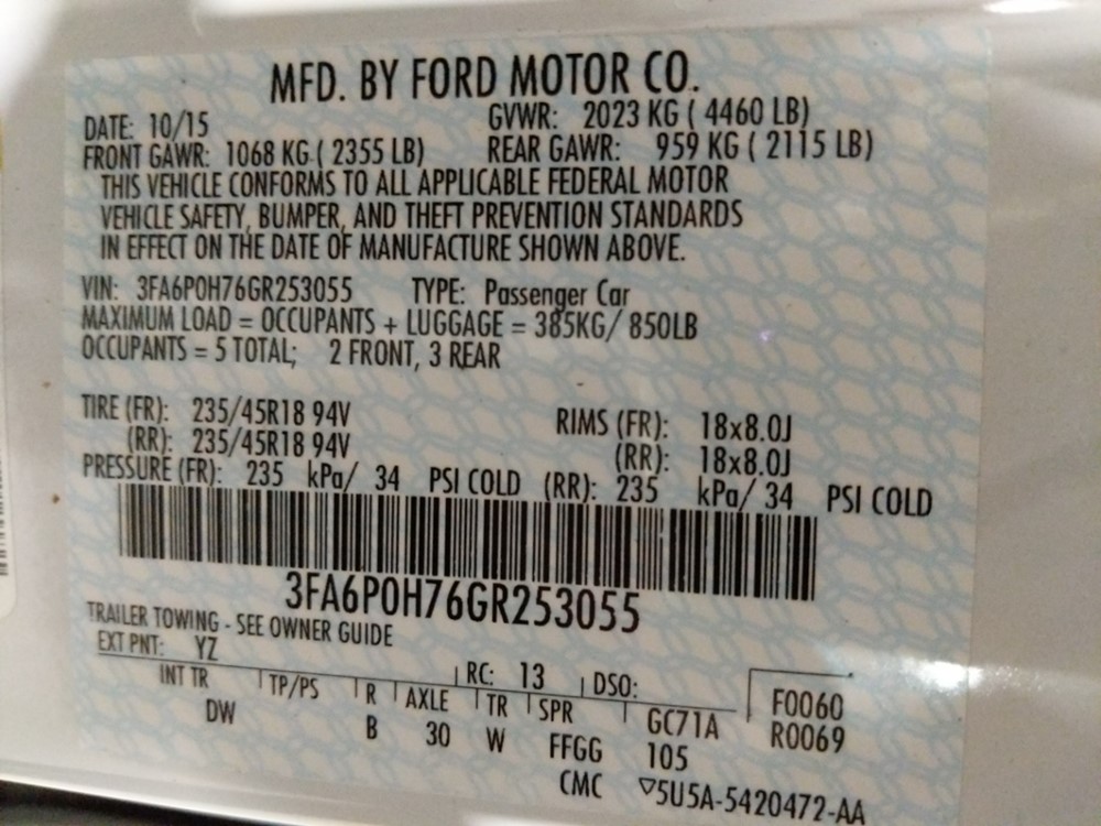 2016 Ford Fusion - VIN Plate