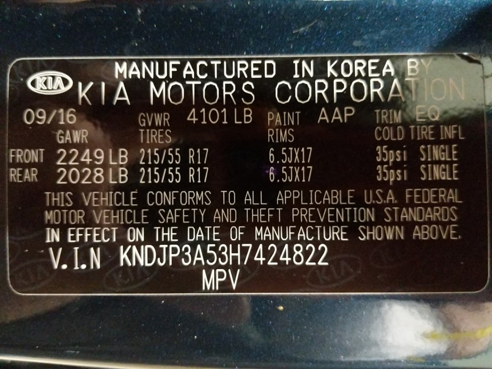 2017 Kia Soul - VIN Plate