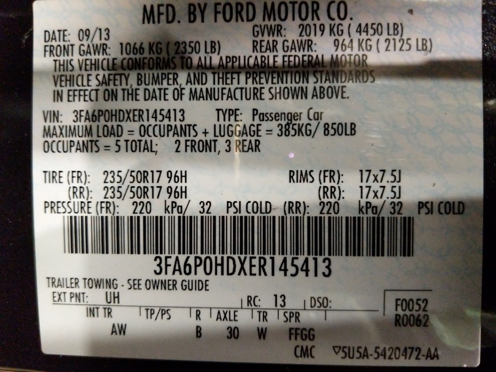 2014 Ford Fusion - VIN Plate