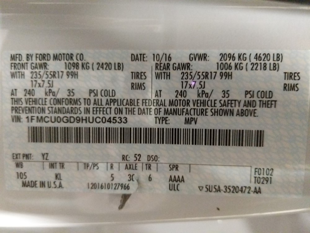 2017 Ford Escape - VIN Plate