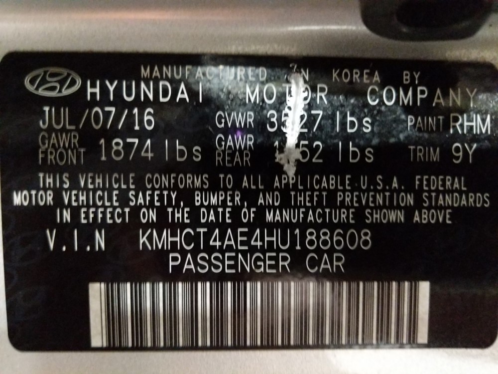 2017 Hyundai Accent - VIN Plate